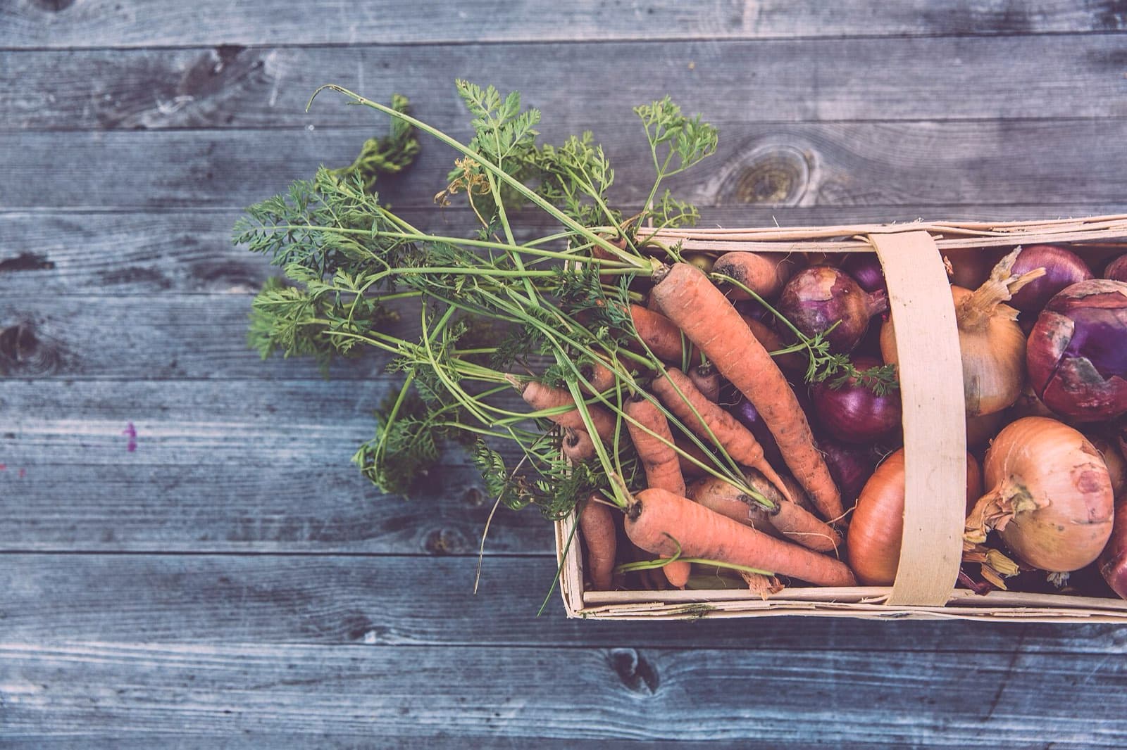 A basket of carrots, beetroot and onions with their greens